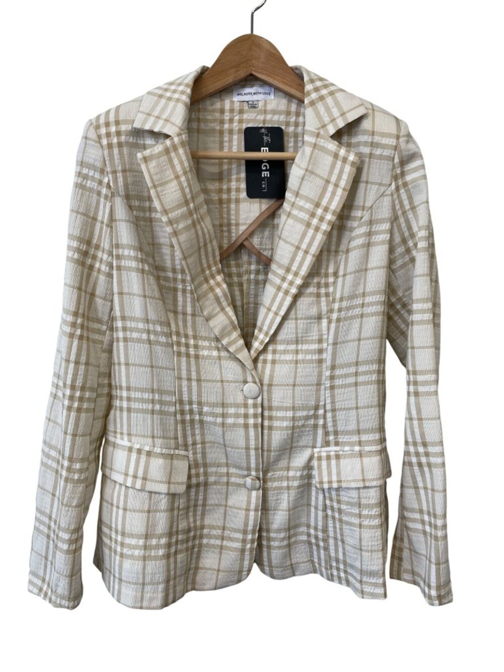 Melrose With Love Rosemary Blazer Jacket Small Seersucker Plaid Beige Career NEW